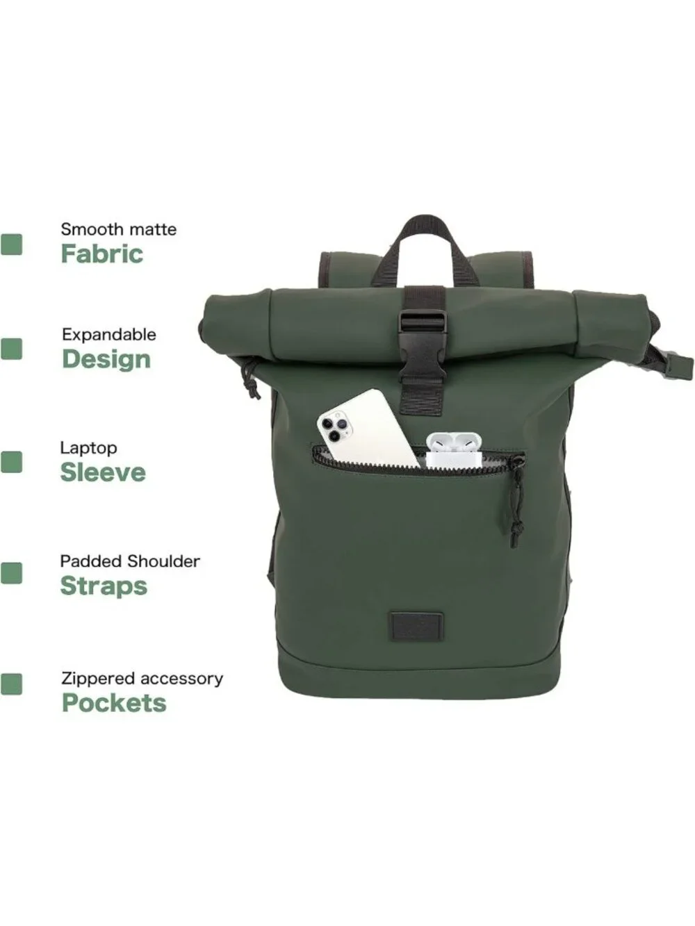 Expandable Roll Top Laptop Backpack, PU Leather, Adjustable 22L Capacity, Fits